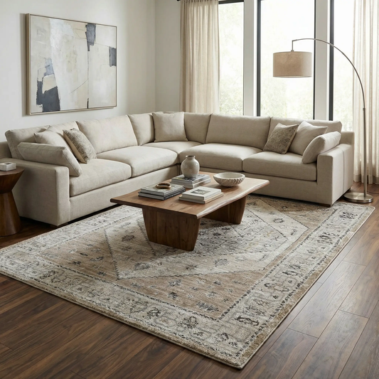 Minal Luxe thick area rug in medium gray by Boutique Rugs with soft textured pile in living on Tampa Home & Garden Store