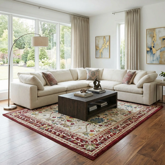Neola white and red damask area rug by Boutique Rugs with red border under a coffee table on Tampa Home & Garden Store