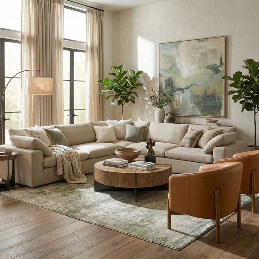 Zazie Thick Luxe Rug in Contemporary Gray by Boutique Rugs in a living room with beige sofa on Tampa Home & Garden Store