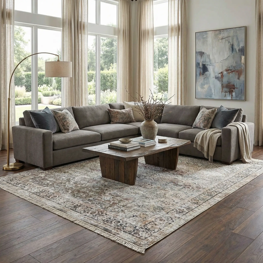 Olive washable area rug with fringed edges and ornate pattern in living room Boutique Rugs on Tampa Home & Garden Store