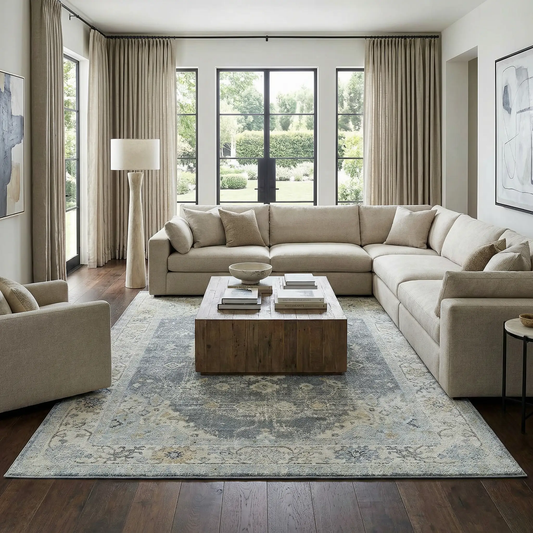 Tyche Tan Thick Luxe Traditional Area Rug beige blue gray ornate pattern in living room on Tampa Home & Garden Store