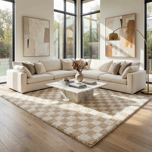 Canika Checkered Cream Washable Area Rug Boutique Rugs beige checkered pattern living room on Tampa Home & Garden Store