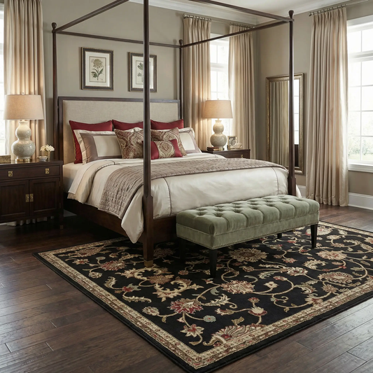 Salona Luxe Black Rug Turkish Machine Woven from Boutique Rugs in a luxurious bedroom on Tampa Home & Garden Store