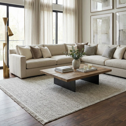 Gowan Cream Area Rug by Boutique Rugs, cream textured loop pile with fringe on Tampa Home & Garden Store