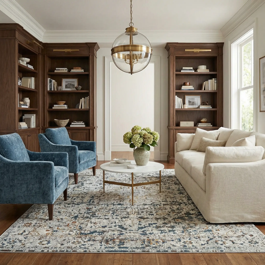 Cuckfield Textured Luxury Rug in Ivory and Blue with a faded intricate pattern in a living room on Tampa Home & Garden Store