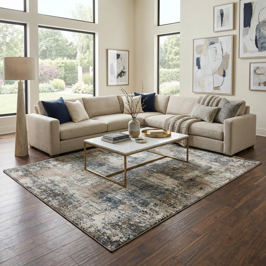 Culasian Luxe Thick Area Rug Contemporary in blue gray beige tones for a modern living room on Tampa Home & Garden Store