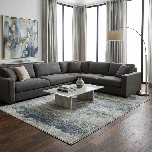 Whyalla Misty Thick Luxe Rug blue gray tones with contemporary pattern in a modern living room on Tampa Home & Garden Store
