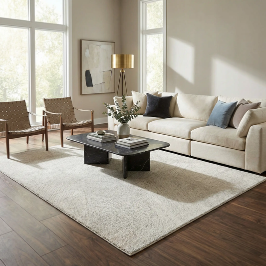 Annalong Modern High Pile Luxe Rug Cream, cream textured high-pile rug in a bright living room on Tampa Home & Garden Store