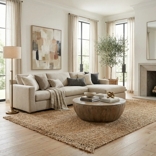 Senneterre Natural Jute Rug with Tassels in neutral beige woven texture Boutique Rugs on Tampa Home & Garden Store