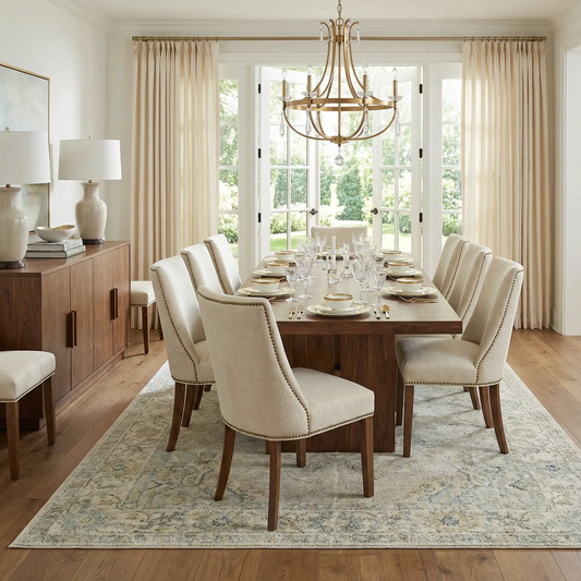 Tyche light gray thick luxe area rug under dining table in a dining room Boutique Rugs on Tampa Home & Garden Store