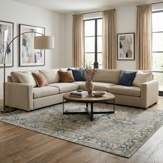 Green Nisa Tumble Washable Polyester Rug by Boutique Rugs in a cozy living room setting on Tampa Home & Garden Store