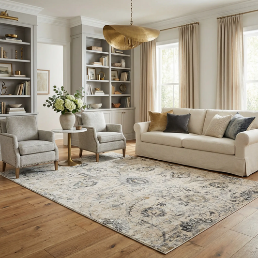 Georgiana Beige Turkish Style area rug with beige and blue gray pattern for living room on Tampa Home & Garden Store