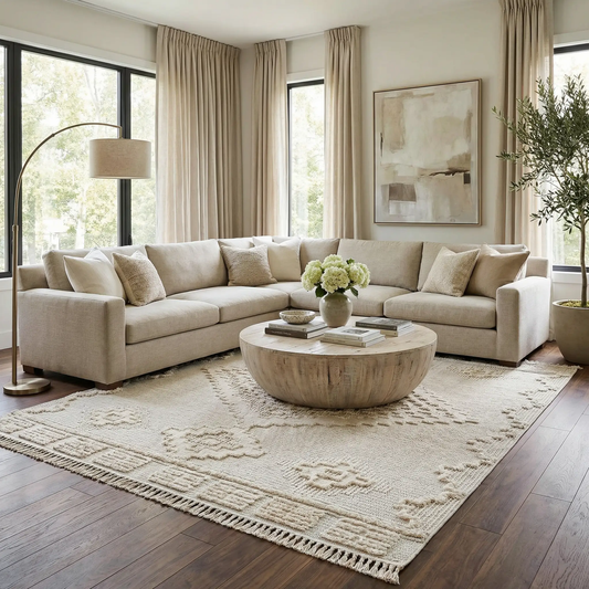 Rosales High Low Rustic Cream Polyester Rug with textured surface and fringe edges on Tampa Home & Garden Store
