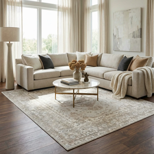 Gael Boutique Washable Rug Olive and Tan patterned area rug in a sunlit living room on Tampa Home & Garden Store