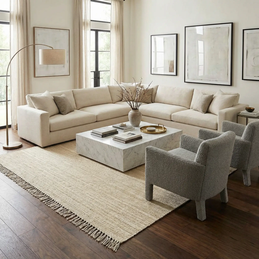 Iantha Jute Rug with Tassels by Boutique Rugs in natural beige in a neutral living room on Tampa Home & Garden Store