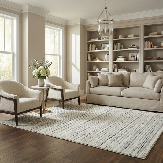 Salus Luxe Rug by Boutique Rugs, neutral striped beige and cream area rug in a living room on Tampa Home & Garden Store