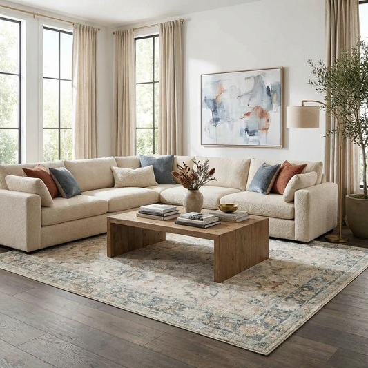 Beige and light gray thick Luxe area rug with muted border in a living room Boutique Rugs on Tampa Home & Garden Store