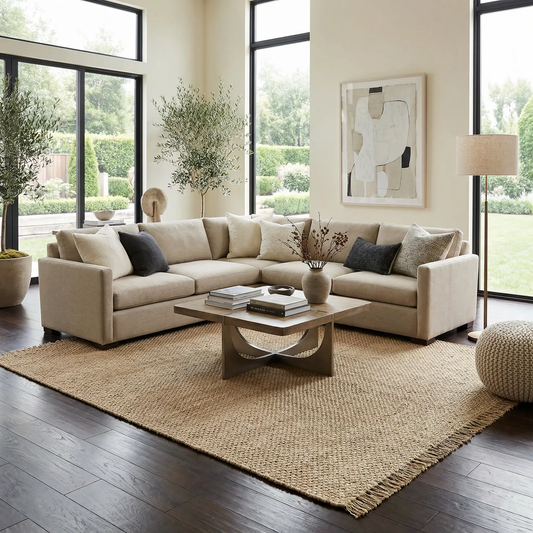 Hovland hand woven natural jute rag rug in beige tones under a contemporary living room sofa on Tampa Home & Garden Store