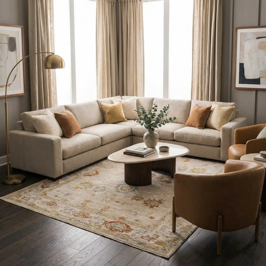 Kitchener Oushak Thick Luxe Area Rug in cream with subtle multicolor accents under a beige sofa on Tampa Home & Garden Store