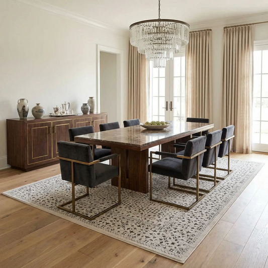 Sattley Traditional Area Rug Charcoal Beige under a dining table with dark chairs Boutique Rugs on Tampa Home & Garden Store