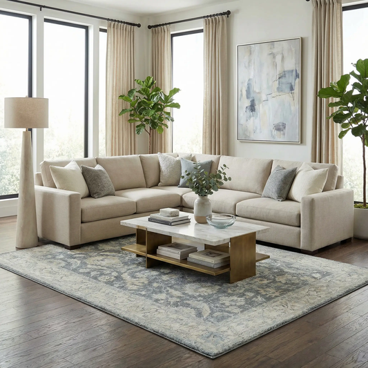 Yetta Tan Thick Luxe Area Rug, machine-woven, tan with blue-gray abstract pattern on Tampa Home & Garden Store
