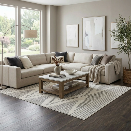 Tigris Ivory Area Rug in a beige living room with subtle pattern and ivory tones on a wood floor on Tampa Home & Garden Store