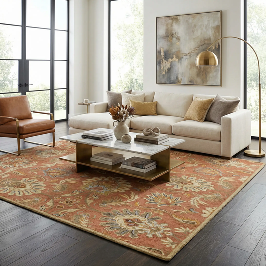 Chesterton Hand Tufted Orange 1112 Area Rug by Boutique Rugs with warm orange floral motif on Tampa Home & Garden Store