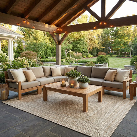 Cream braided faux jute outdoor rug by Boutique Rugs on covered patio with beige outdoor seating on Tampa Home & Garden Store
