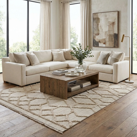 Malilinao Area Rug in Cream and Beige with a geometric lattice pattern on Tampa Home & Garden Store