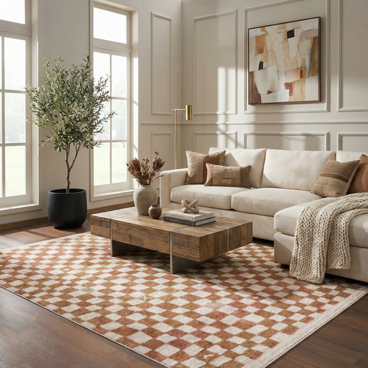 Benjy Irregular Checkboard Rug Cream&Salmon by Boutique Rugs in a cozy living room on Tampa Home & Garden Store