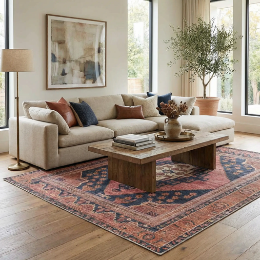 Malamote Vintage Flat Pile Washable Rug with red blue beige oriental pattern in living room on Tampa Home & Garden Store