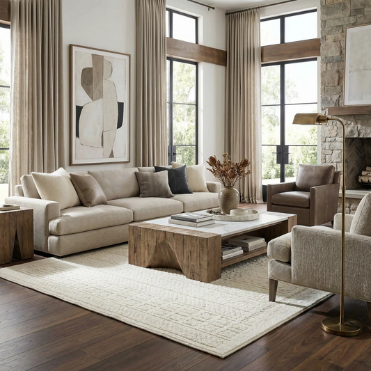 Bahar Cream Washable Area Rug in cream tones under a beige sofa with wood coffee tables on Tampa Home & Garden Store