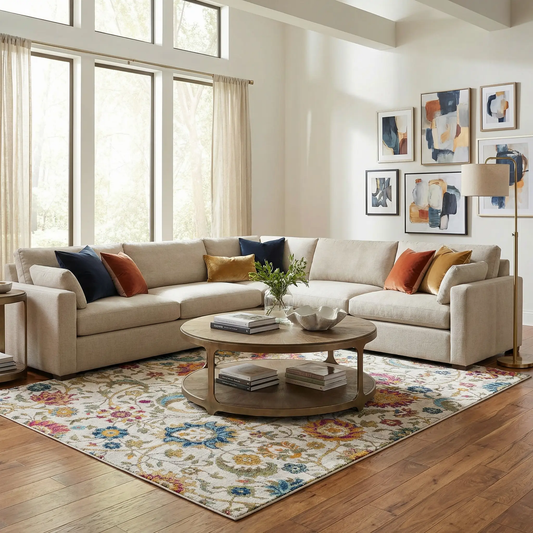 Walsenburg Rug by Boutique Rugs in teal and burgundy with floral motif under a coffee table on Tampa Home & Garden Store