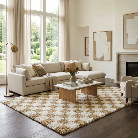 Atira Mustard Checkered Area Rug Plush, beige mustard shag in a modern living room Boutique Rugs on Tampa Home & Garden Store