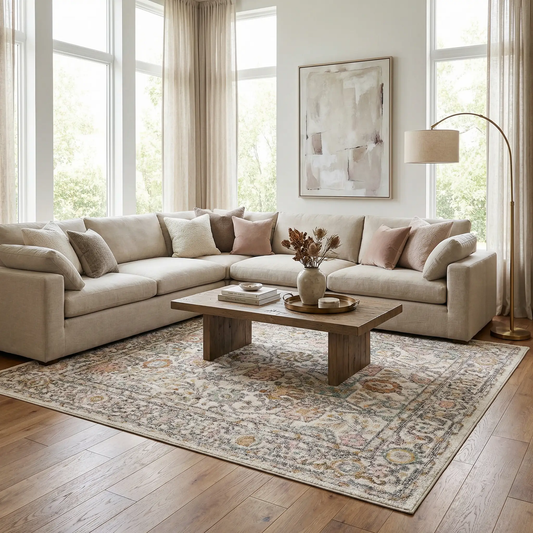 Herstmonceux Area Rug charcoal and mustard by Boutique Rugs in a neutral living room on Tampa Home & Garden Store