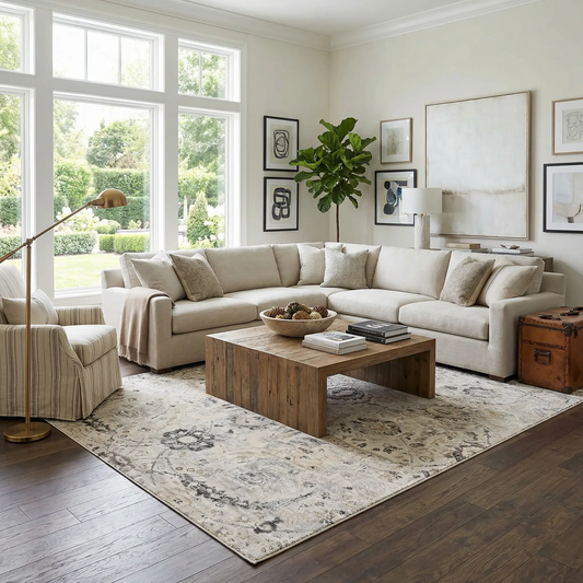 Georgiana charcoal beige gray mustard area rug in a modern living room on Tampa Home & Garden Store