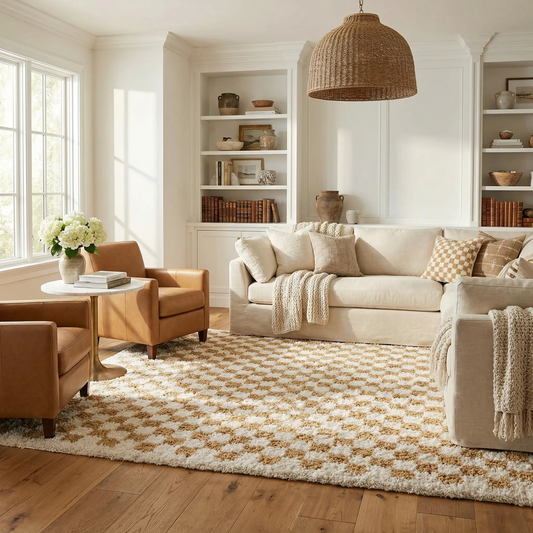 Kieu Mustard Ivory Checkered Area Rug by Boutique Rugs in warm mustard and ivory on Tampa Home & Garden Store