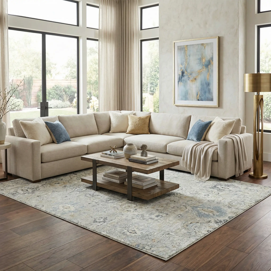 Tirfe Thick Luxe Rug by Boutique Rugs, neutral gray-beige with blue and gold marbled accents on Tampa Home & Garden Store