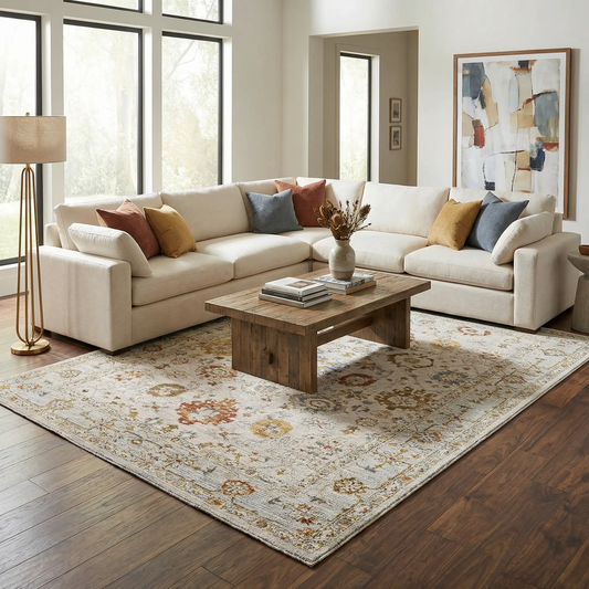 Mogul Luxe Oushak Rug by Boutique Rugs in cream and denim with a muted floral pattern on Tampa Home & Garden Store