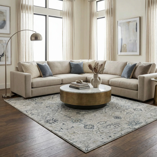 Barkisland Thick Luxe Oushak Rug, traditional blue-gray ivory motif in living room on Tampa Home & Garden Store