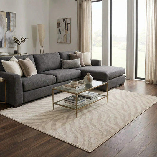Beige Manteca Zebra Print Area Rug medium-pile from Boutique Rugs in a modern living room on Tampa Home & Garden Store
