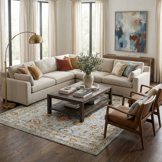 Luklukan Oushak Floral Rug Machine Woven cream with blue rust accents Boutique Rugs on Tampa Home & Garden Store