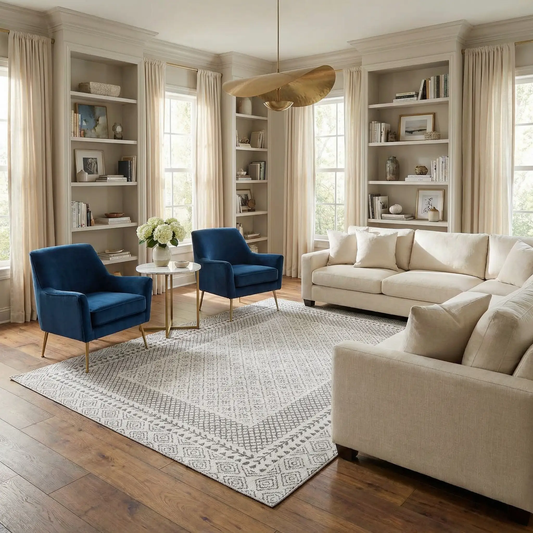 Burdette machine washable area rug light beige by Boutique Rugs in living room on Tampa Home & Garden Store