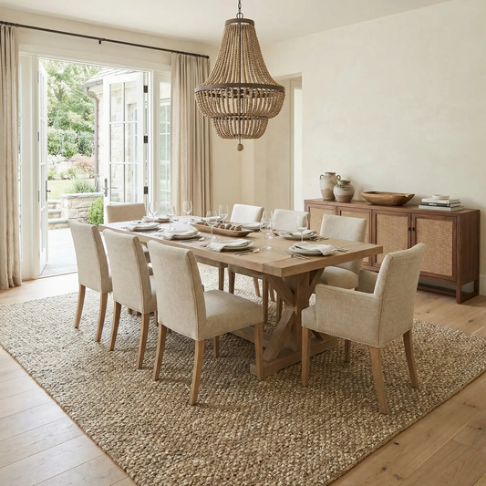 Caspar Hand Woven Natural Jute Area Rug under dining table with cream chairs on Tampa Home & Garden Store