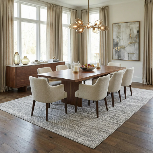 Gravelbourg Washable Boho Rug Gray with gray/white pattern in a dining room, Boutique Rugs on Tampa Home & Garden Store