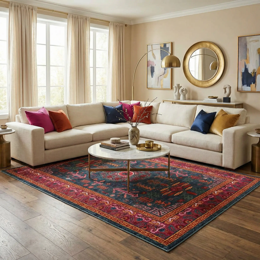 Rugs Cleveland Colorful Traditional Area Rug Teal Navy with red border in living room on Tampa Home & Garden Store