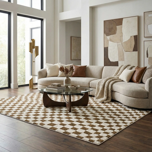 Lajos Brown Checkered Shag Rug from Boutique Rugs, brown ivory plush checker, clearance on Tampa Home & Garden Store