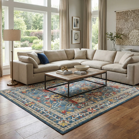 Neola Navy Damask Area Rug by Boutique Rugs in a traditional navy damask pattern on Tampa Home & Garden Store