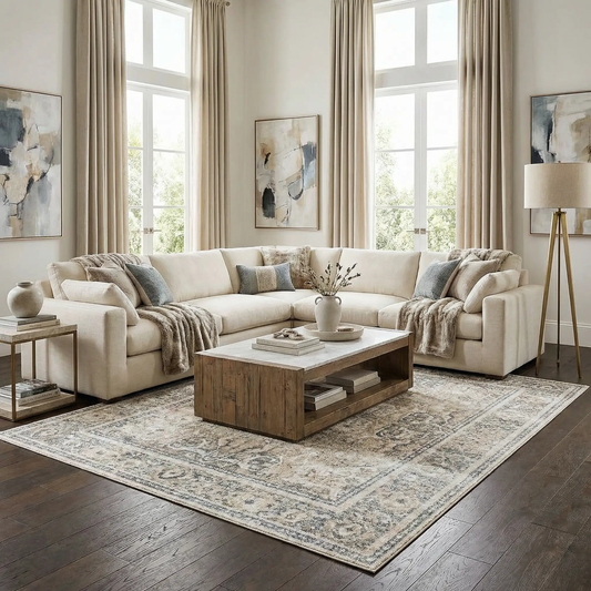 Arias Boutique washable polyester rug, cream with blue-gray border, Boutique Rugs on Tampa Home & Garden Store