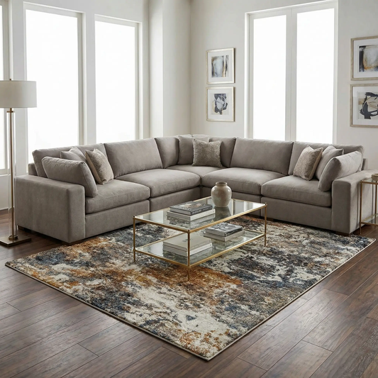Babatngon Rock Pattern Luxe Rug Navy with rock motif in a gray sectional living space on Tampa Home & Garden Store